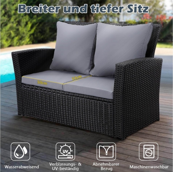 MeXo Gartenlounge-Set Balkonmöbel Set für 4 Personen, (Poly Rattan Gartenmöbel Set, 4-tlg, Lounge-Sets mit 2-Sitzer Sofa, 2 Sessel und Tisch mit Stauraum), wetterfeste Terrassenmöbel Set für kleiner Balkon Bild 3