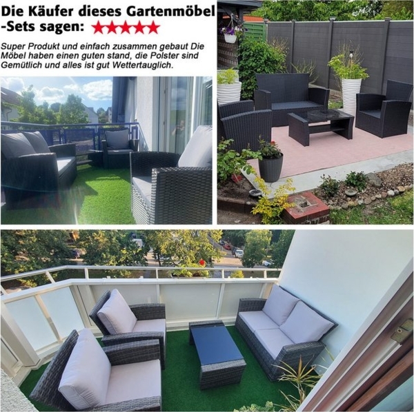 MeXo Gartenlounge-Set Balkonmöbel Set für 4 Personen, (Poly Rattan Gartenmöbel Set, 4-tlg, Lounge-Sets mit 2-Sitzer Sofa, 2 Sessel und Tisch mit Stauraum), wetterfeste Terrassenmöbel Set für kleiner Balkon Bild 4