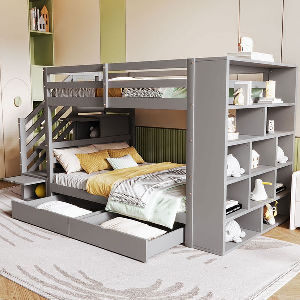 Etagenbett 90×200 cm mit Rausfallschutz, Sicherheitstreppe mit Stauraum, Grau, ohne Matratze