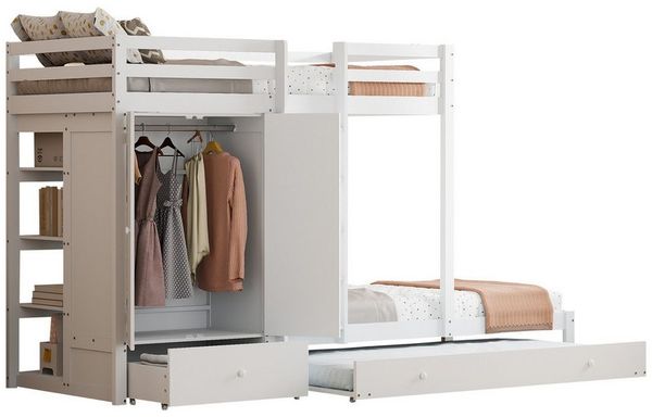 Merax Etagenbett mit Kleiderschrank und Bücherregal, Hochbett mit Ausziehbett, Kinderbett Kiefer mit Leiter