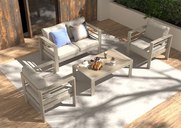 MeXo Gartenlounge-Set Balkon Möbel Set mit Tisch Aluminium 4 teilig outdoor wetterfest, (12cm Deluxe Relax-Sitzkissen, 8 cm breite Armlehnen, 4-tlg, Belastbarkeit pro Sitzplatz 140kg), Terrassenmöbel Set mit Tisch 110 x 62 x 41 cm, elegant symmetrisch
