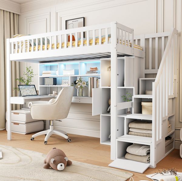 Hochbett 90x200 cm mit Schreibtisch, Ablageleiter und LED-Licht – Weiß, Kiefernholz & MDF