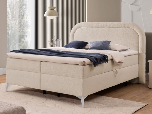 S-Style Möbel Boxspringbett Sonna mit Topper Bettkästen und Metallfüße aus Bouclé-Stoff, Bonellfedern