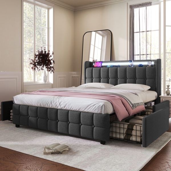 Einzelbett 180 × 200 cm mit Steckdosen,USB-Anschlüssen und LED-Beleuchtung,4 Schubladen,Leinenbezug in Grau Bild 3