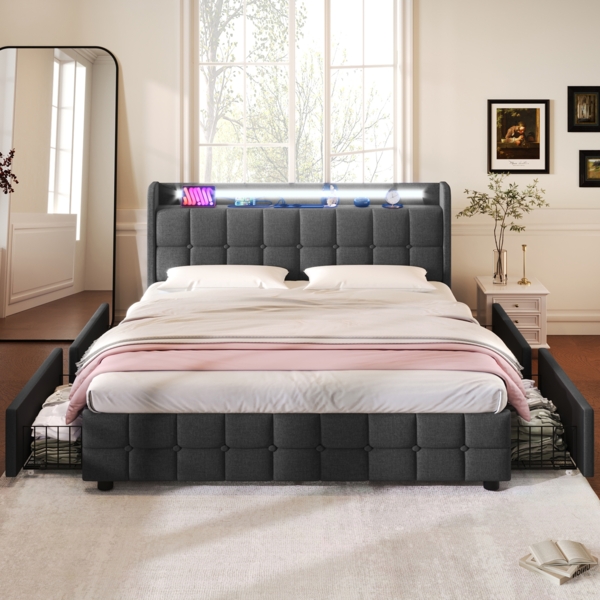 Einzelbett 180 × 200 cm mit Steckdosen,USB-Anschlüssen und LED-Beleuchtung,4 Schubladen,Leinenbezug in Grau Bild 4