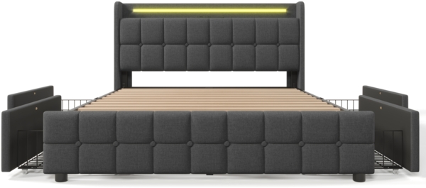Einzelbett 180 × 200 cm mit Steckdosen,USB-Anschlüssen und LED-Beleuchtung,4 Schubladen,Leinenbezug in Grau Bild 10