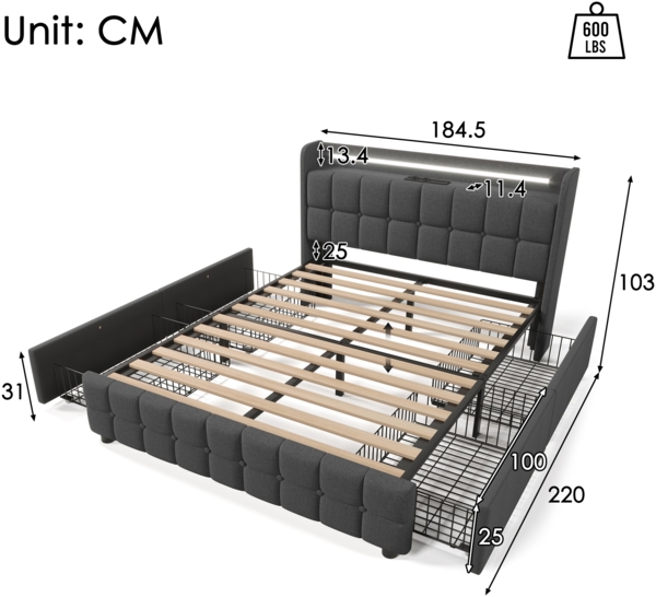 Einzelbett 180 × 200 cm mit Steckdosen,USB-Anschlüssen und LED-Beleuchtung,4 Schubladen,Leinenbezug in Grau Bild 9