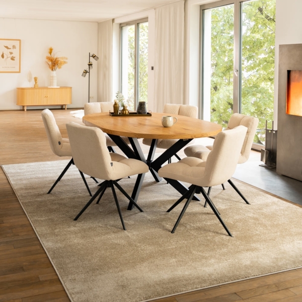 HOME DELUXE Essgruppe Rund Ausziehbar AVENTURA inkl. Sternfuß - 120-160 x 120 cm Light Oak 6 Stühle Creme