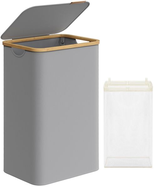 SONGMICS Wäschekorb mit Deckel und herausnehmbarem Wäschesack, zusammenklappbar, Bambus / Oxford-Gewebe taubengrau, 90 l