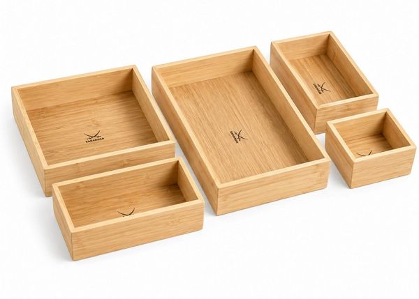 Sansibar Sylt Make-Up Organizer Bambus Kosmetik Organizer, Set, 5-tlg, 5-teiliges Organizer-Set, 5 Boxen in 4 Größen, rutschfeste Füße