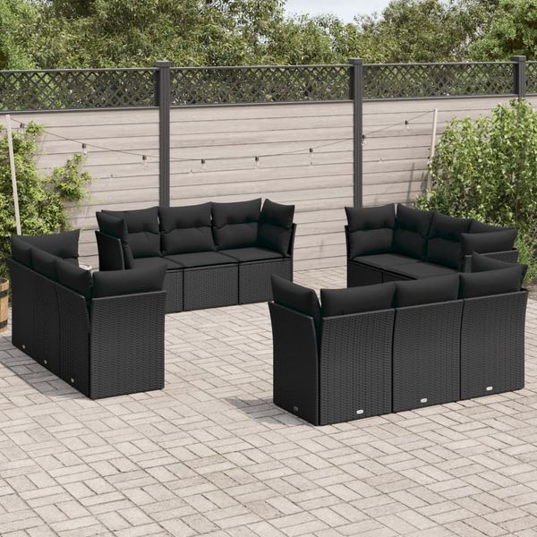 vidaXL 12-tlg. Garten-Sofagarnitur mit Kissen Schwarz Poly Rattan 3249164