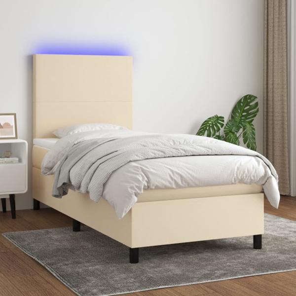 vidaXL Boxspringbett mit Matratze & LED Stoff Creme 90 x 190 cm