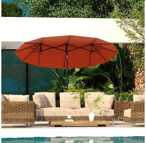 Outsunny Sonnenschirm mit Handkurbel, verstellbarem Neigungswinkel, LxB: 295x152 cm, Doppelsonnenschirm, Gartenschirm, für Terrasse Pool Weinrot