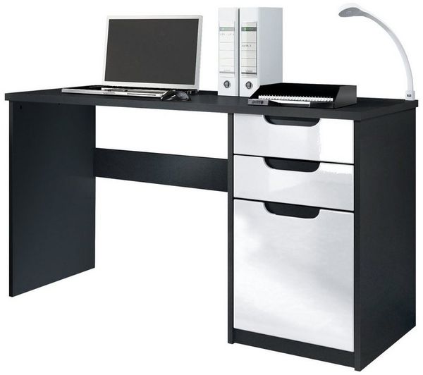 Vladon Schreibtisch Logan, Bürotisch mit 2 Schubladen und 1 Tür, Schwarz matt/Weiß Hochglanz (129 x 76 x 60 cm)