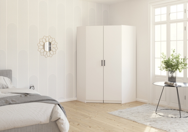 rauch Allrounder, Eckschrank, 2-türig, mit 2 Kleiderstangen und 5 Einlegeböden, Farbe Weiß, BxHxT 117x210x104cm