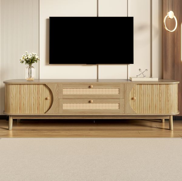 TV-Schrank im Landhausstil mit Rattan, 170x39,5x46 cm, Natural, für TVs bis 59 Zoll
