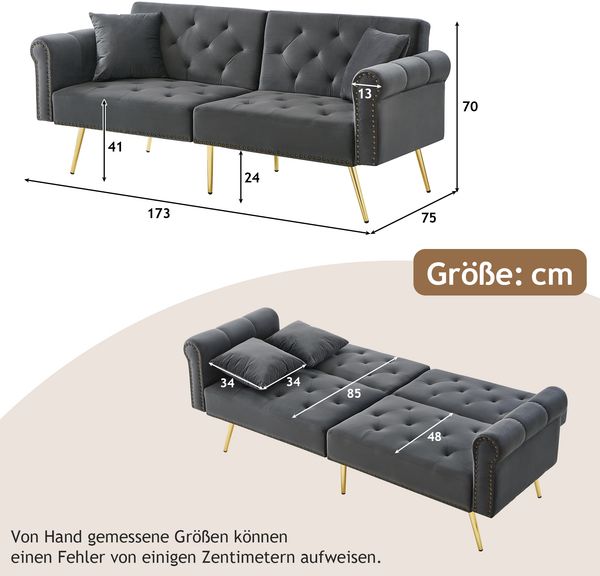 2-Sitzer-Schlafsofa Samt mit 3-fach verstellbarer Rückenlehne, Liegefläche 147x85 cm, Antikgrau Bild 9