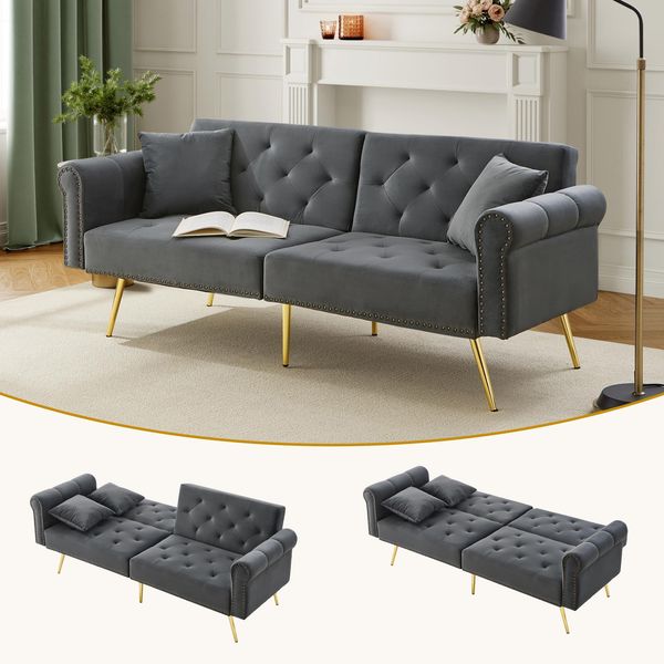 2-Sitzer-Schlafsofa Samt mit 3-fach verstellbarer Rückenlehne, Liegefläche 147x85 cm, Antikgrau Bild 6