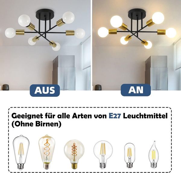 Nettlife Deckenleuchte Retro 6 Glühbirnen Wohnzimmer Lampe E27, LED wechselbar, Schlafzimmer Küche Esszimmer