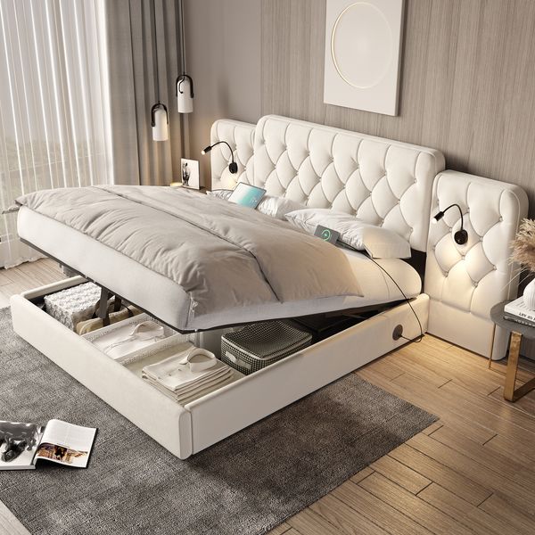 Polsterbett 180×200 cm mit hydraulischem Bettkasten, USB und Leselampen, Beige, ohne Matratze