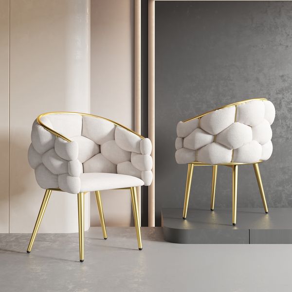 Samtstuhl Beige mit Gold-Rückengestell, gepolsterte Rückenlehne, verstellbare Vorderbeinstützen