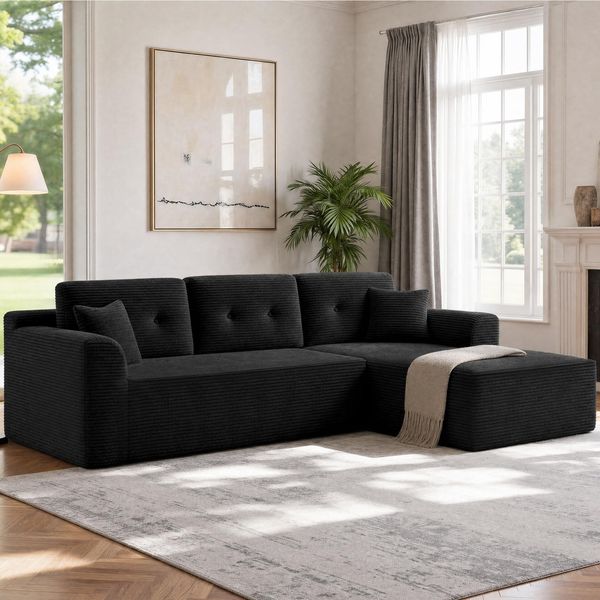 VASAGLE Ecksofa, modulares Sofa 242 cm breit, vakuumverpackt, Schlafsofa, Keine Montage erforderlich, mit großer Chaiselongue rechts, für Wohnzimmer, Gästezimmer, rauchschwarz LCS184B101