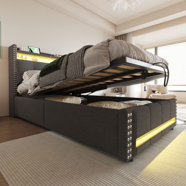 Polsterbett Kinderbett 90x200cm mit LED-Beleuchtung und USB-Steckdose, Kopfteil mit Einlegeböden und Stauraum, Mit Hydraulik für die Lagerung, Einzelbett, Leinenstoff Grau