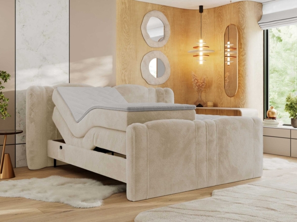 Elektrisch Boxspringbett Multipocket-Matratzen, elektrisch verstellbar, Polsterbett mit Bettkästen - FORTINA - 200 x 200 cm - Creme Plüsch - H3