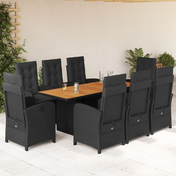 vidaXL 9-tlg. Garten-Essgruppe mit Kissen Schwarz Poly Rattan 3212276