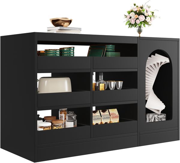 Sideboard 120x40x75 cm, Kommode mit Glasoberfläche, 6 Schubladen, Bogenfront, LED-Beleuchtung, 75cmx120cmx40cm, Schwarz Bild 8
