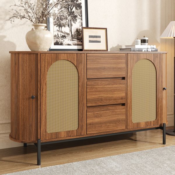 Sideboard Nussbaum mit Rattantüren oval 140×38×77,5 cm aus MDF