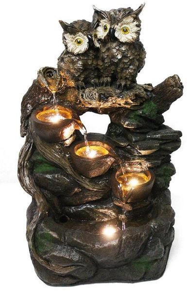 Arnusa Gartenbrunnen Springbrunnen Eule mit LED Beleuchtung 51 cm, 40,00 cm Breite, für den Innen und Außenbereich