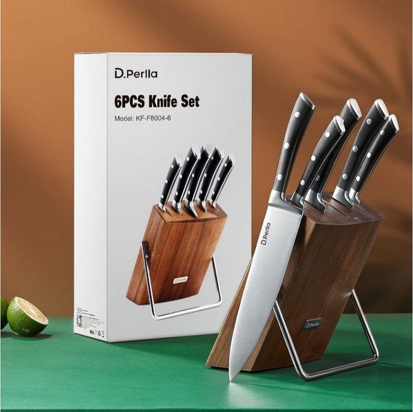D.Perlla Messer-Set 6-teiliges Küchenmesserset aus X50CR15-Edelstahl, mit Holzblock (Set, 6-tlg), 3-Nieten-Konstruktion und ergonomischer Griff