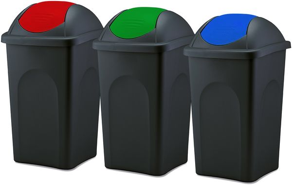 BigDean 3x Mülleimer groß 60L - schwarz - mit Schwingdeckel rot, grün & blau - aus Kunststoff - Müllsammler Abfalleimer Mülltonne Abfallbehälter - Made in Italy