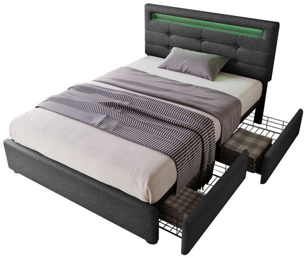 Ulife Polsterbett Doppelbett mit LED-Beleuchtung Höhenverstellbarem Kopfteil, 140x200cm