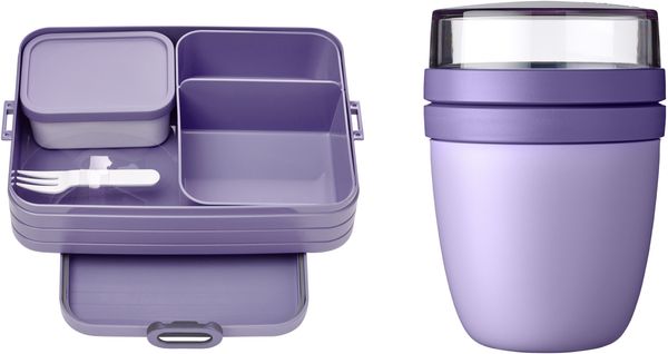 Mepal 2-tlg. Lunch to go Set - Lunchbox Take A break Large mit Lunchpot - praktischer Müslibecher - Brotdose mit Fächern, geeignet für bis zu 8 Butterbrote - Vivid Lilac