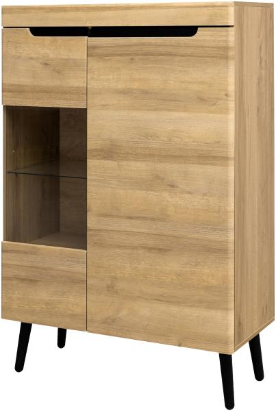 Merax Sideboard Küchenhighboards mit Glastüren 90×39.5×135cm Kommode Schrank Buffetschrank Moderner Wohnzimmerschrank mit Schubladen, natur