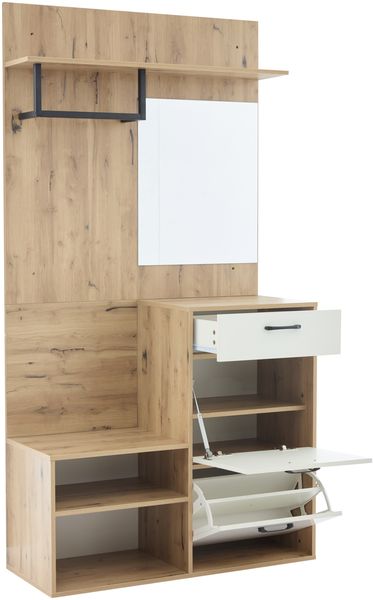 Flur-Garderobenset mit Spiegel, Schuhbank, 2 Klapptürschränken & Sitzbank, weiß+Holz, 100x38,5x190 cm Bild 8