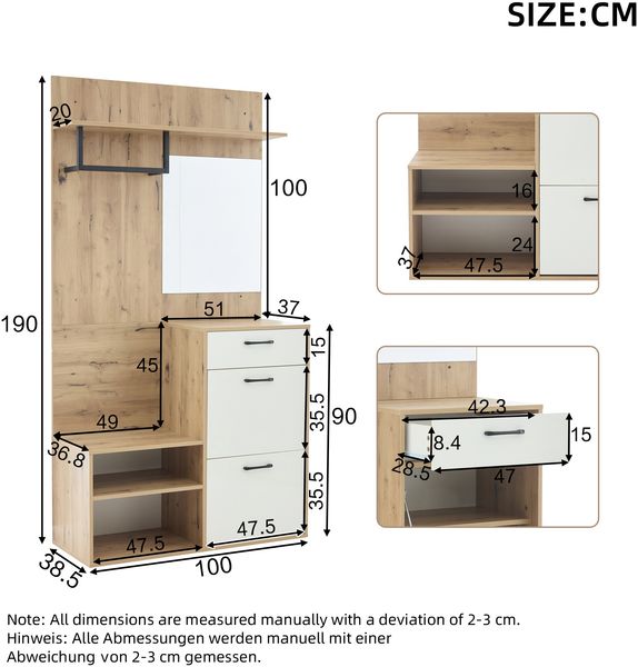 Flur-Garderobenset mit Spiegel, Schuhbank, 2 Klapptürschränken & Sitzbank, weiß+Holz, 100x38,5x190 cm Bild 10