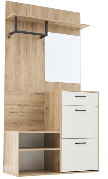 Flur-Garderobenset mit Spiegel, Schuhbank, 2 Klapptürschränken & Sitzbank, weiß+Holz, 100x38,5x190 cm Bild 7