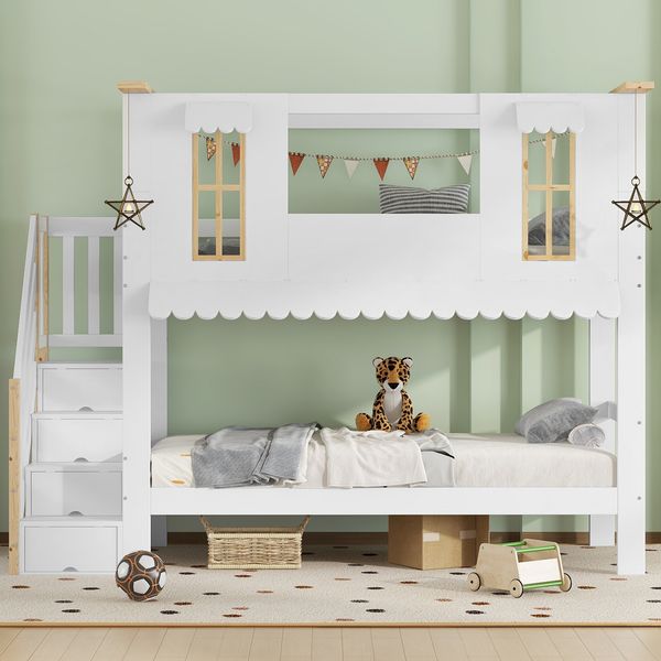 Etagenbett 90x200 cm aus Kiefer, MDF und Sperrholz mit Aufbewahrungstreppe, Fenstern und dekorativer Dachkante
