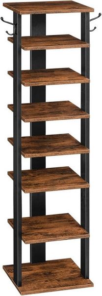 Hoobro Schuhregal, 8 Ebenen mit Haken, Schuhständer Holz-Metall für Flur, 28x28x113 cm