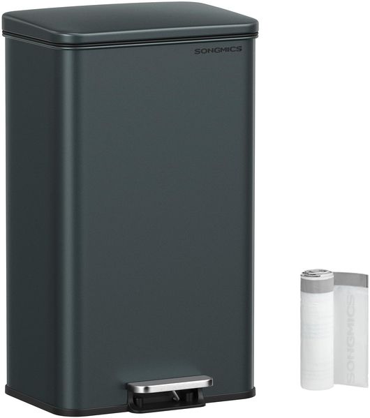 SONGMICS Mülleimer Küche, 40 Liter Abfalleimer, großer Tretmülleimer, mit Deckel, aus Stahl, Softclose, inklusive 15 Müllbeutel, anthrazitgrau LTB540G02