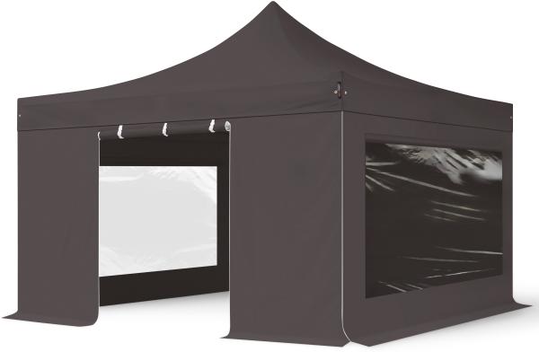 4x4 m Faltpavillon, PREMIUM Stahl 40mm, Seitenteile mit Panoramafenstern, dunkelgrau