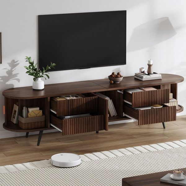 STILVORA Lowboard TV-Schrank mit 4 Schubladen Ovaler TV-Ständer für bis zu 80 Zoll (Wohnzimmerschrank mit Vertikalen Streifen Design, Rollladentürdesign, für bis zu 80 Zoll), Nussbaum dunkel