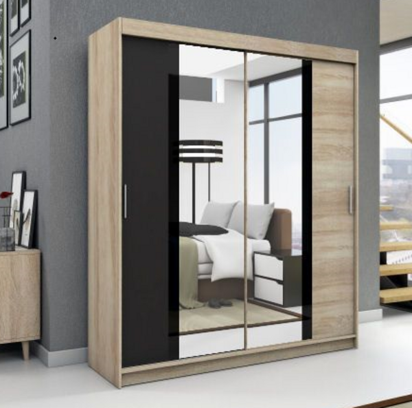 Schwebetürenschrank BRANI 2-türig Schrank 180 cm (mit Spiegel) Farbe: Sonoma , schwarz