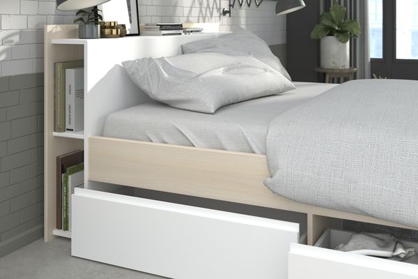 Funktionsbett Most von Parisot – mit Regal-Kopfteil & 3 Schubkästen 140x190-200 cm