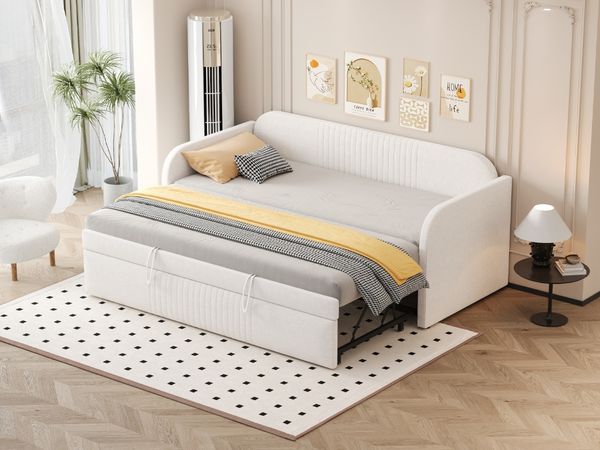 Ausziehbett 90/180×190 cm mit Lattenrost und Streppensteppung Beige, Matratze nicht enthalten
