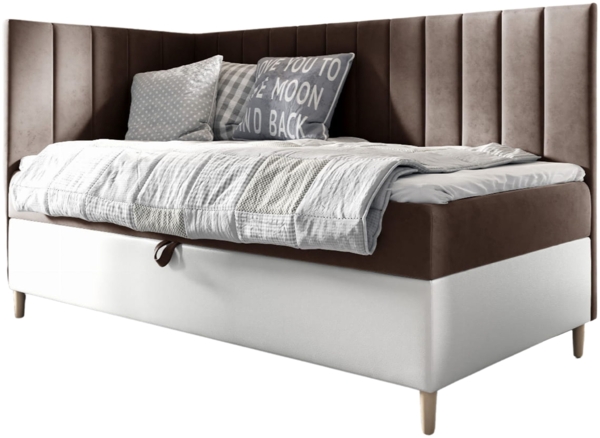 MEBLINI Kinderbett mit Bettkasten MAYA 3 100x200 Links – H3/Braun Samt Gepolstert Einzelbett mit Matratze - Polsterbett mit Stauraum - Bett mit Kopfteil – Stauraumbett