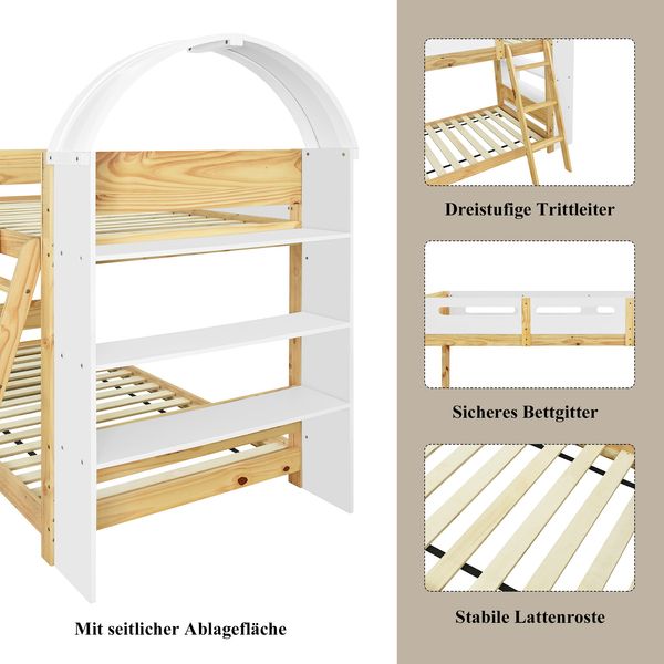 Kinder Etagenbett Mit Dreistufigem Regal & Trittleiter Bettgitter Kiefer Spanplatte Weiß/Natur,90x200 cm Bild 5